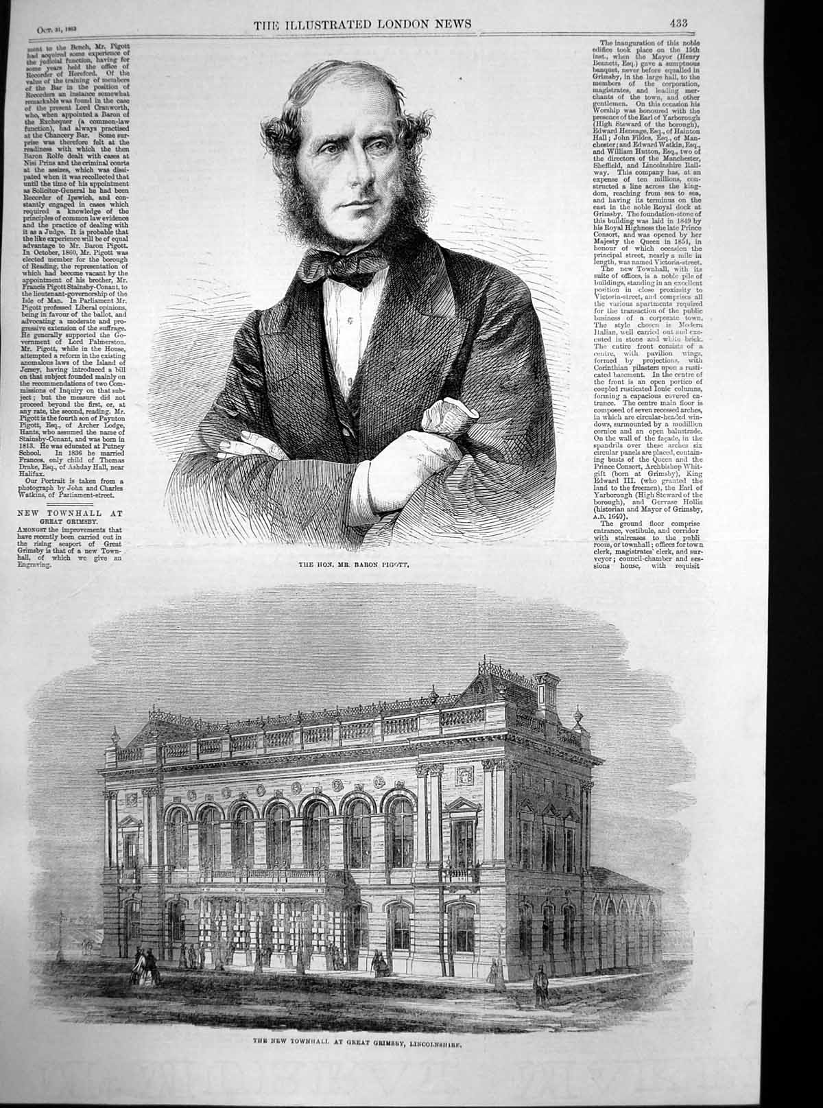 Antique Old Print New Townhall Great Grimsby Lincolnshire Baron Pigott 1863