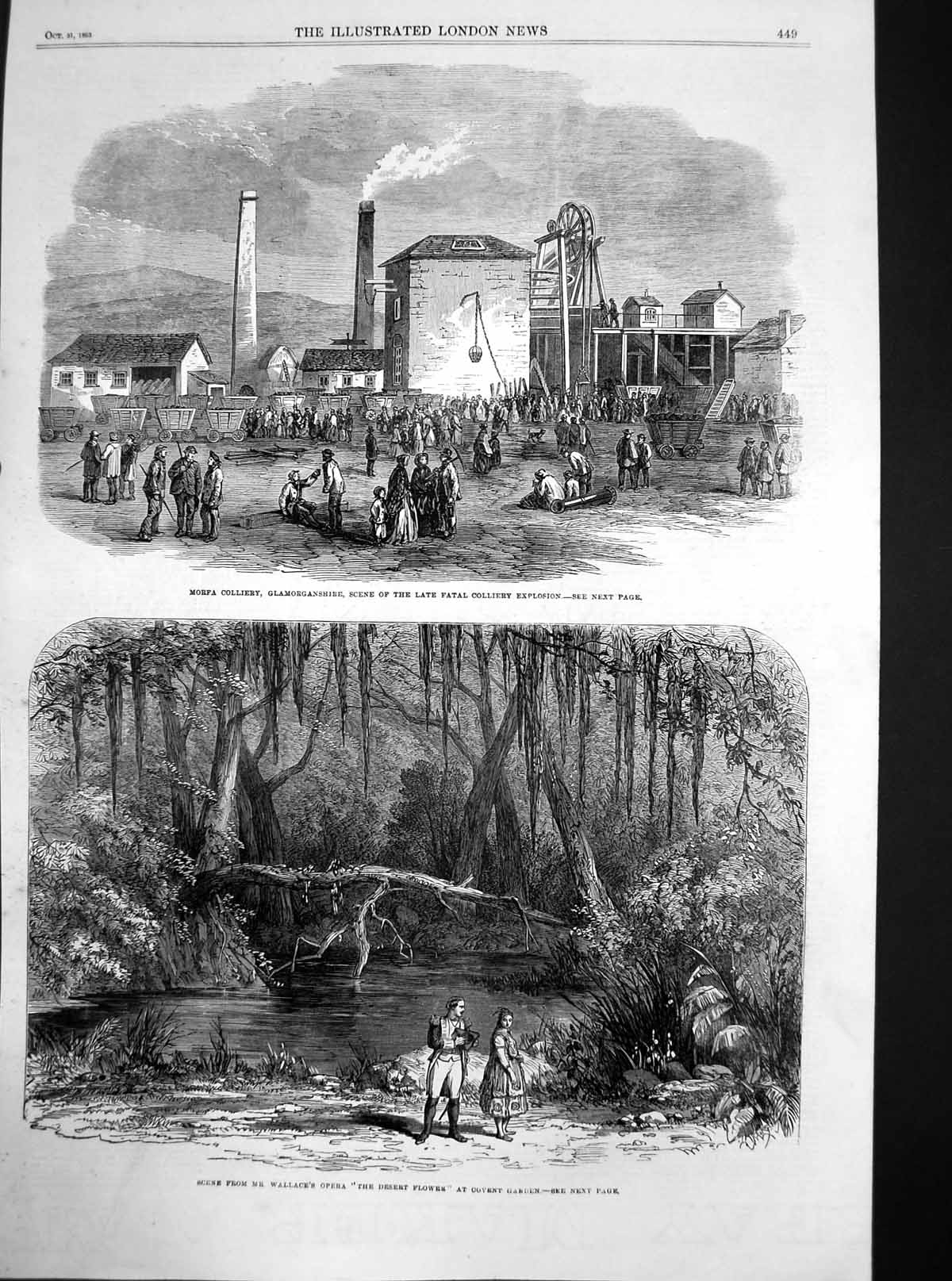 Original Old Antique Print Fatal Colliery Explosion Morfa Glamorganshire 1863