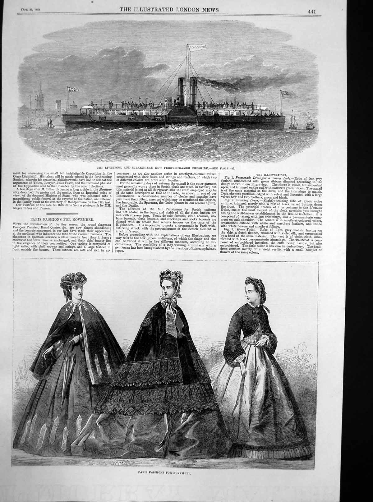 Original Old Antique Print Liverpool Birkenhead New Ferry Steamer Cheshire 1863