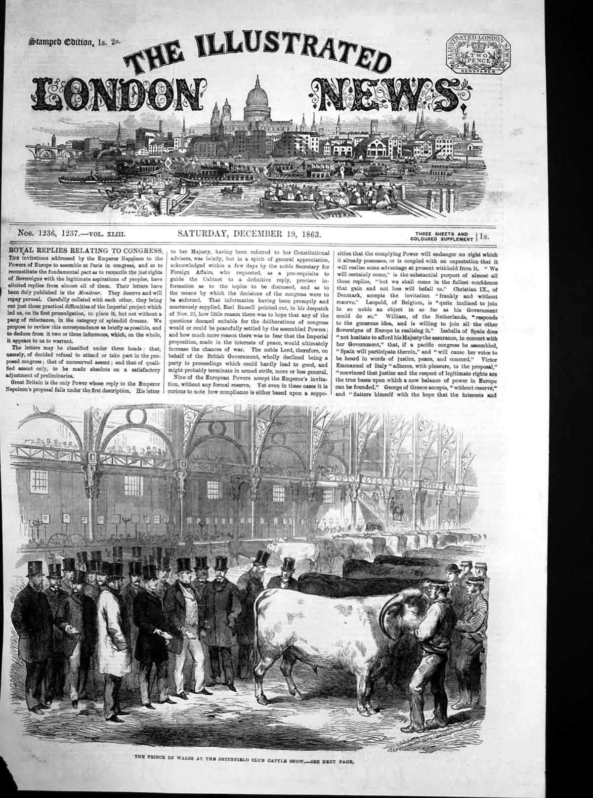 Original Old Antique Print Prince Wales Smithfield Club Cattle Show 1863 19th
