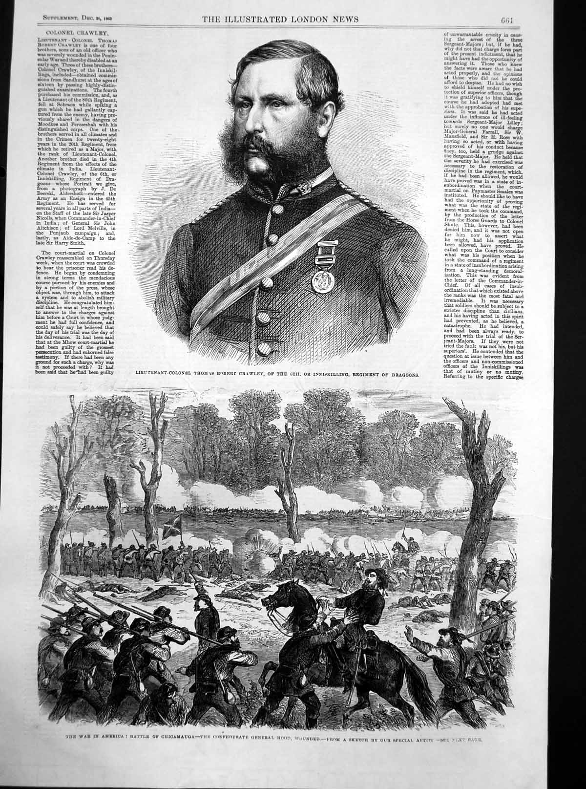 Antique Old Print Battle Chicamauga America Civil War Gen Hood Wounded 1863