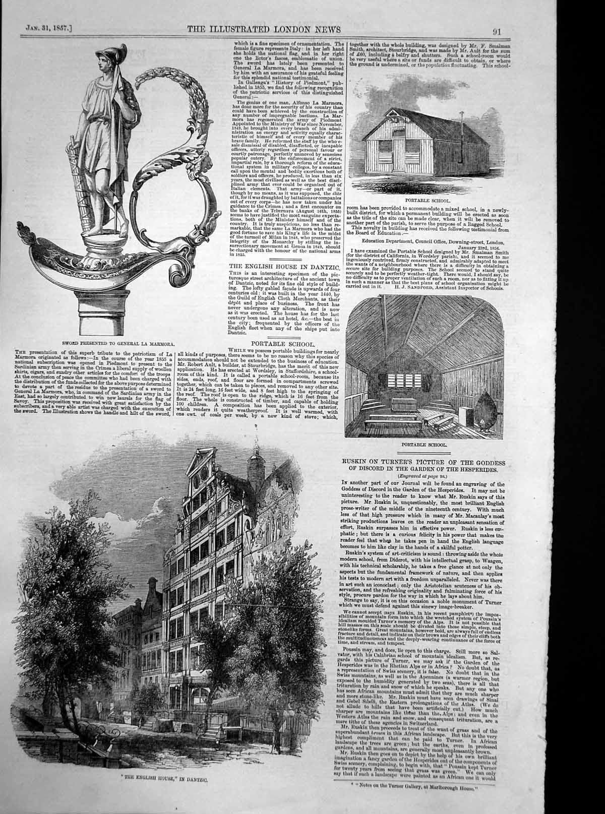 Original Old Antique Print English House Dantzic Portable School Sword 1857