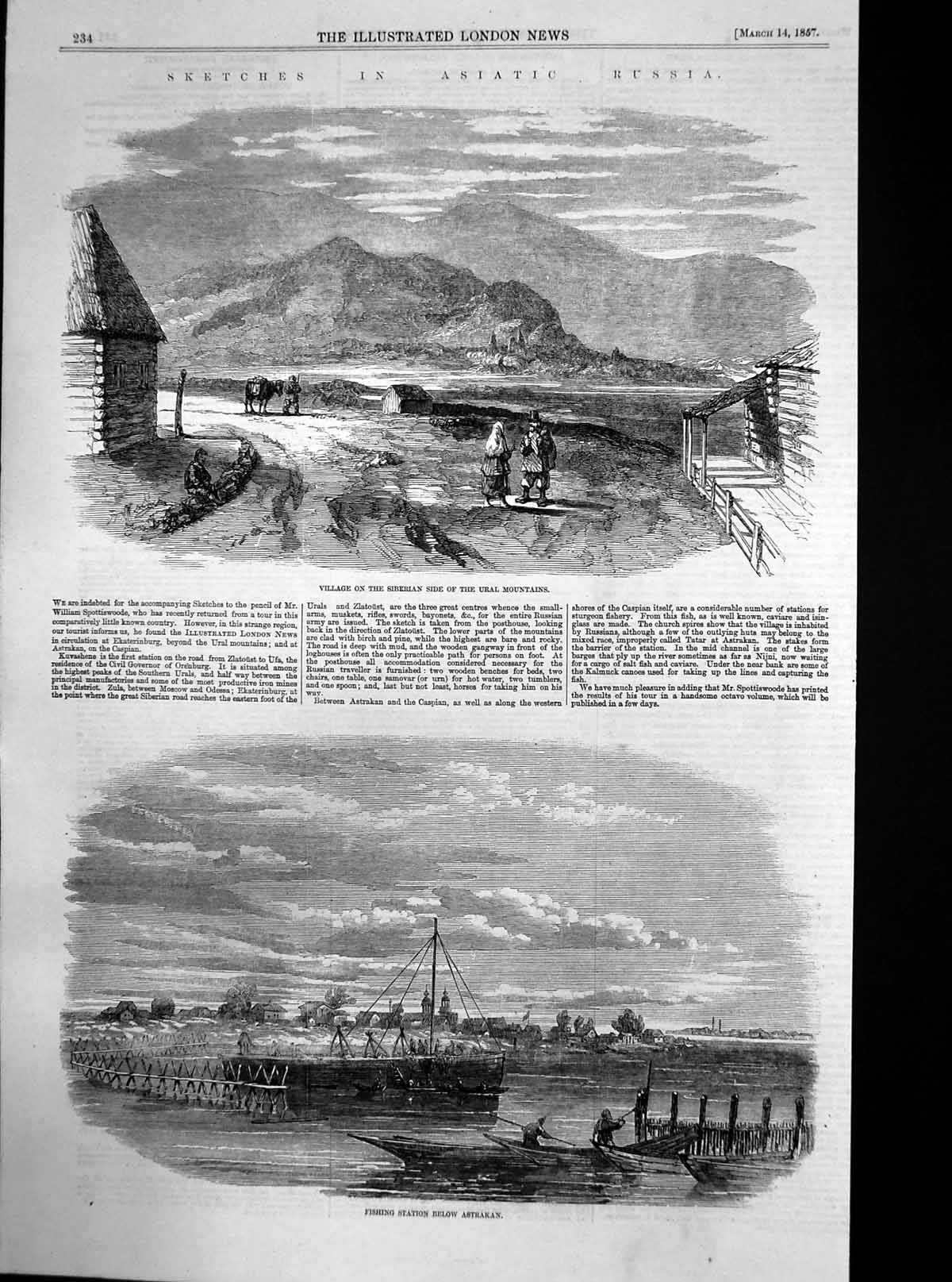 Original Old Antique Print Fishing Station Astrakan Village Ural Mountains 1857