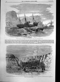 Antique Print Holyhead Harbour Works Blasting West India Steamer Tyne 1857 19th