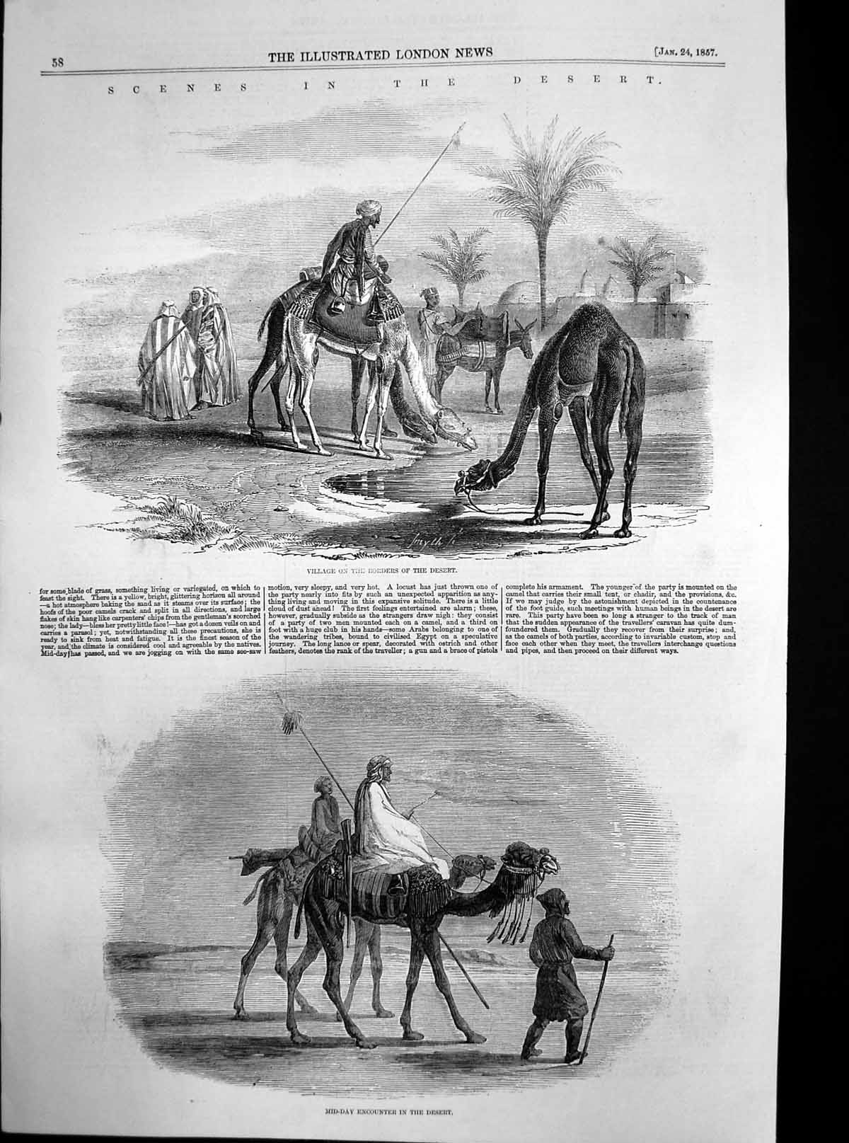 Original Old Antique Print Village Borders Desert Camels Journey 1857 Victorian