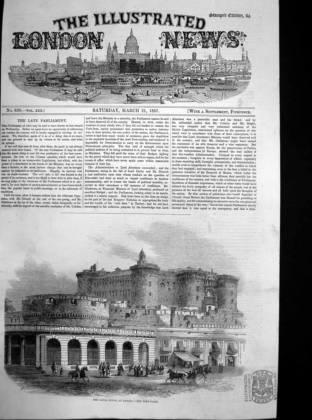Old Antique Print Castel Nuovo Naples Built 13Th Century Charles1857