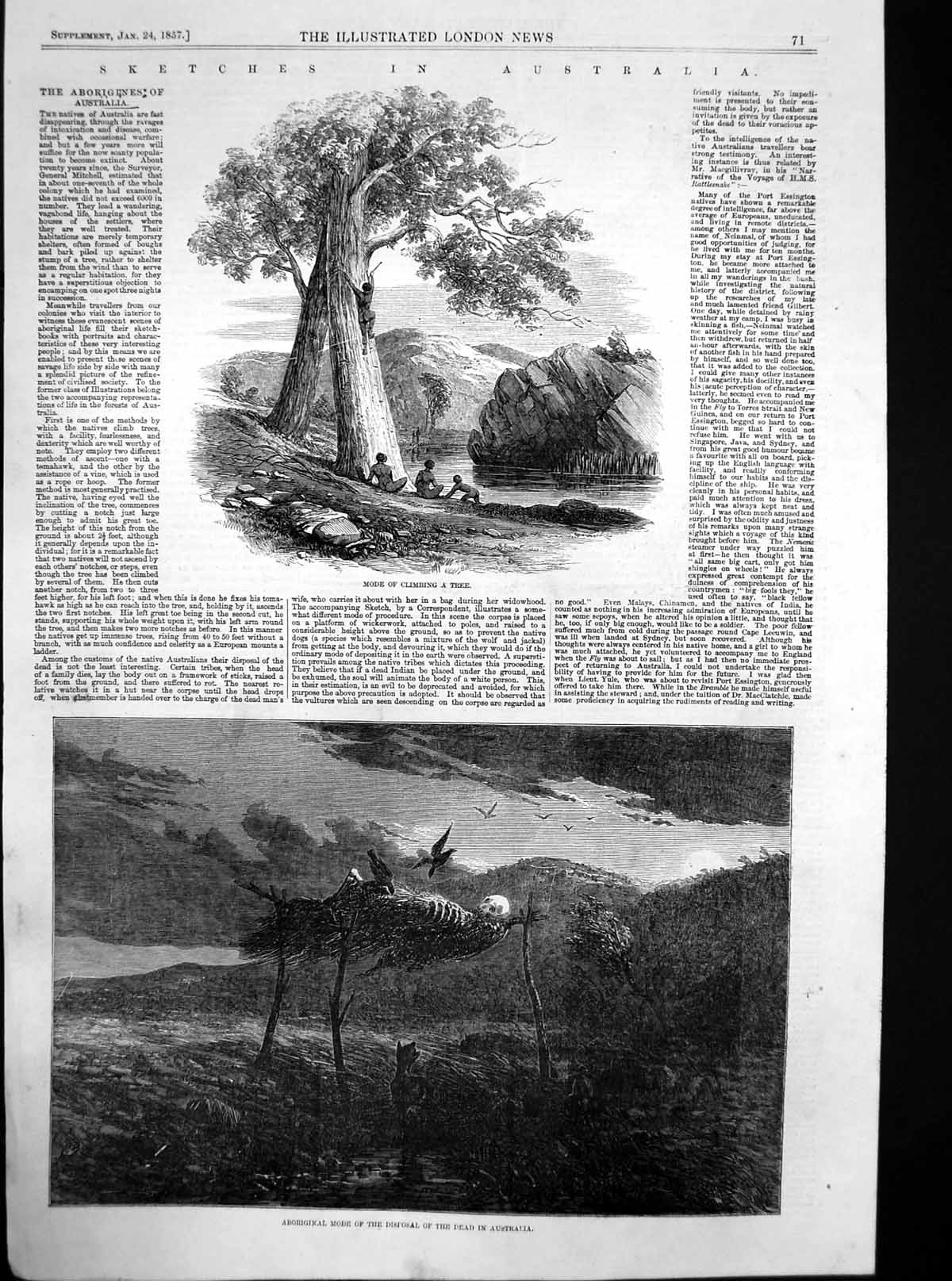 Original Old Antique Print AbMode Disposal Dead Australia 1857 19th
