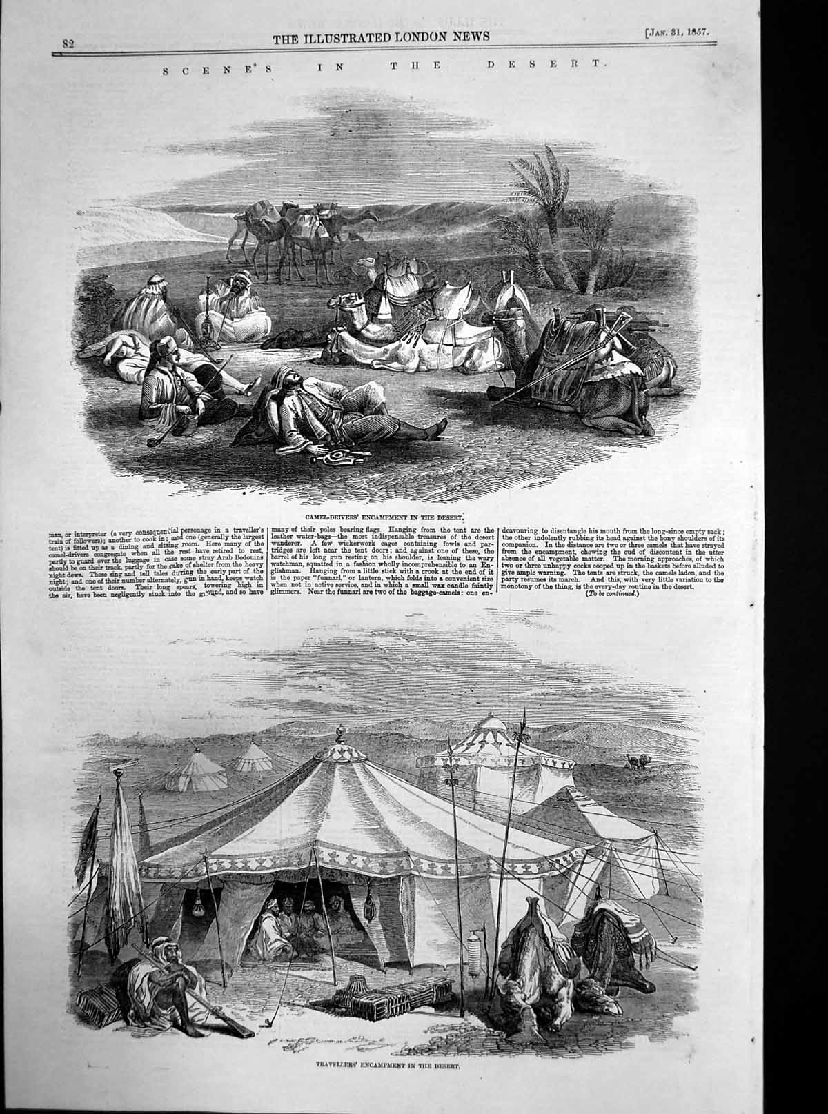 Original Old Antique Print Travellers Camel Drivers Encampments Desert 1857