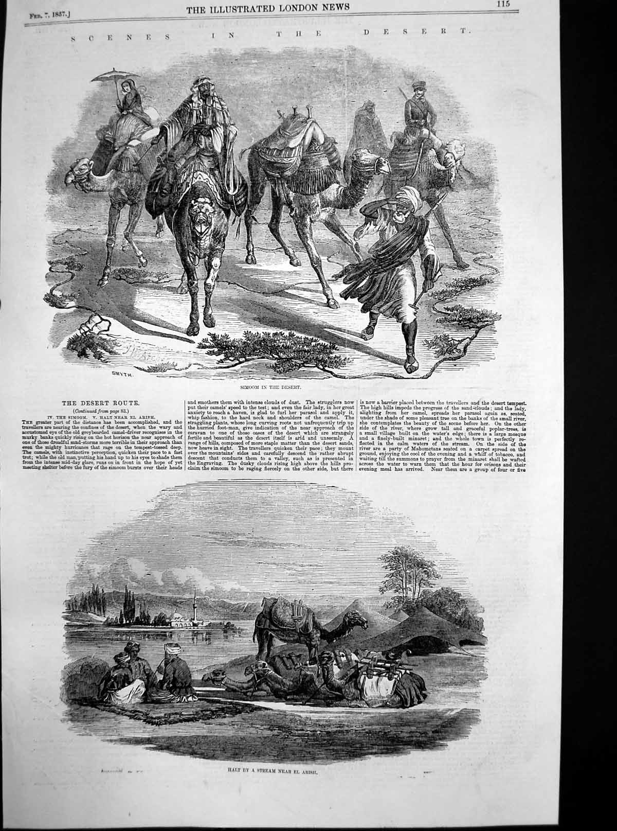 Original Old Antique Print Simoom In Desert Halt By Stream El Arish Camels 1857