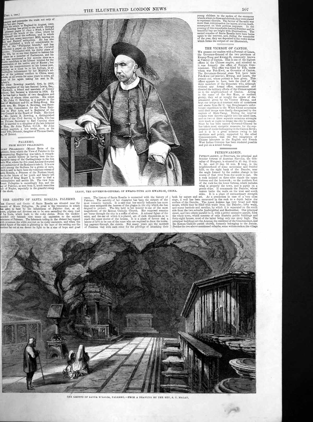 Antique Old Print Grotto Santa Rosalia Palermo Leaon Gov Gen Kwang Tung 1860
