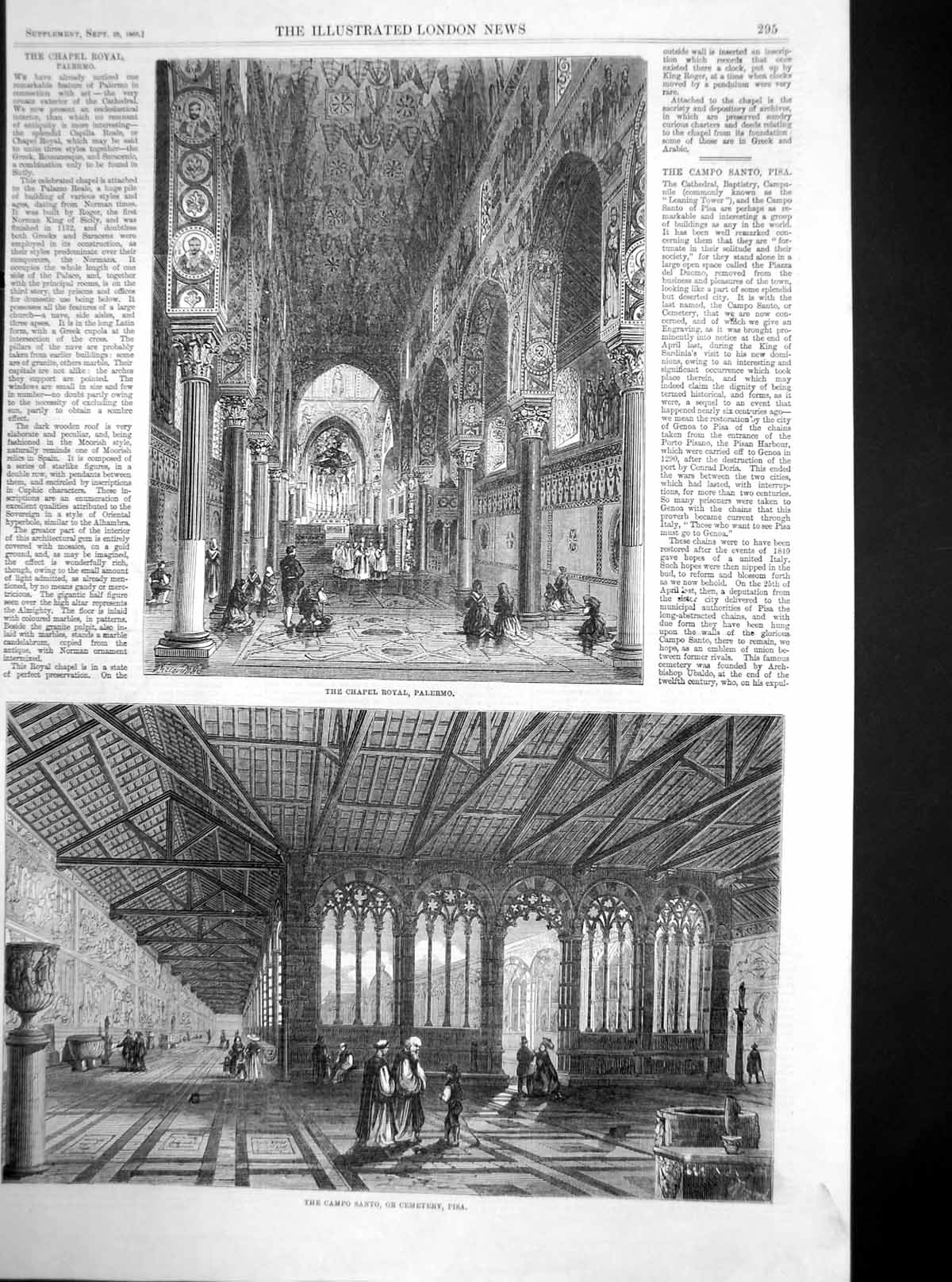 Original Old Antique Print Chapel Royal Palermo Campo Santo Cemetery Pisa 1860