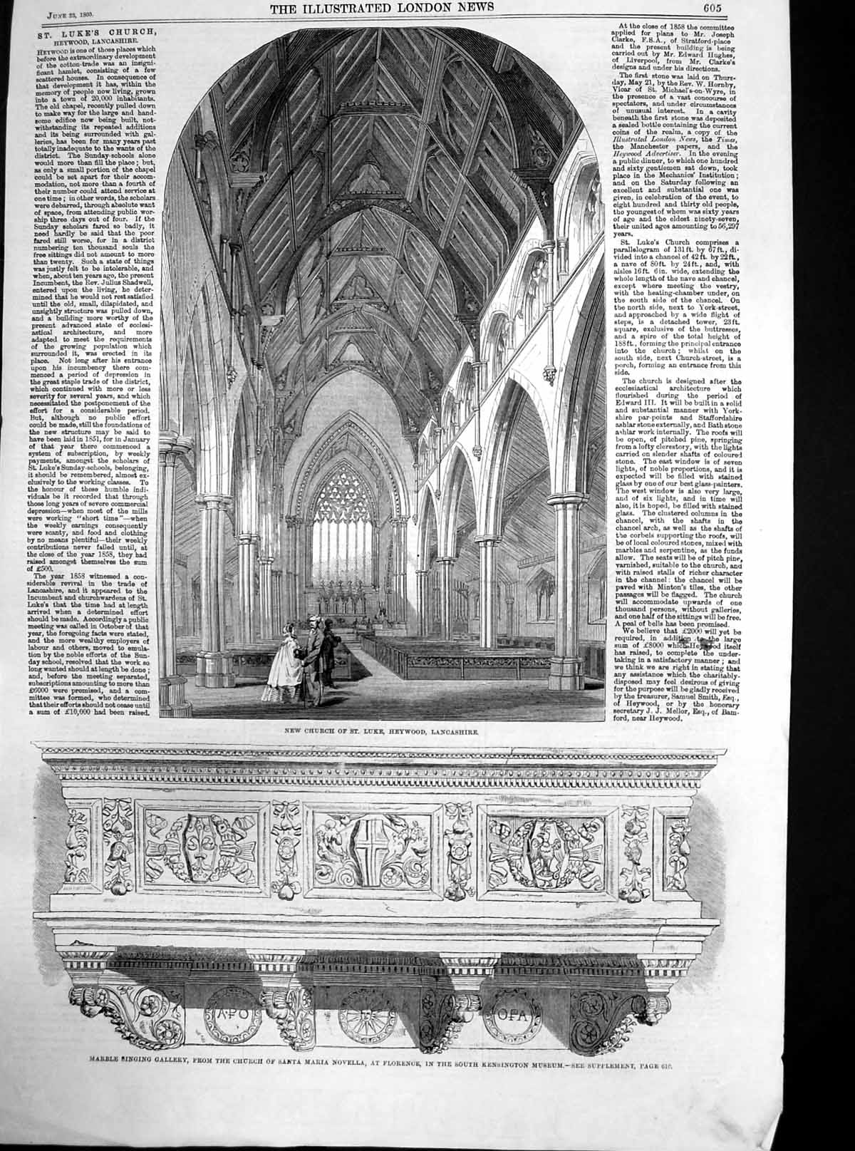 Old Antique Print Church St Luke Heywood Lancashire Marble Gallery 1860 19th