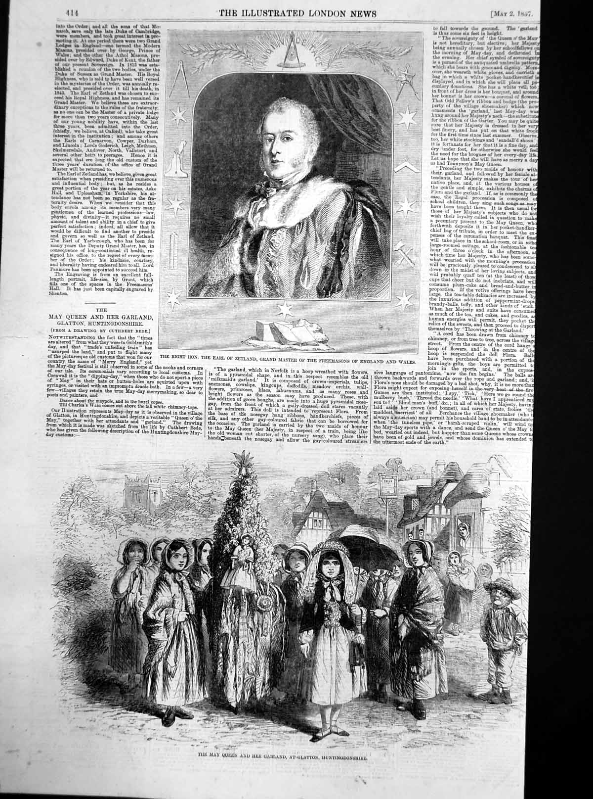 Old Antique Print May Queen Garland Glatton Earl Zetland Freemasons 1857 19th