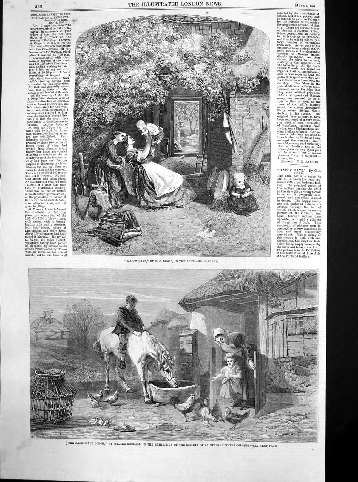 Old Antique Print Farmhouse Porch Walter Goodhall Happy Days J Lewis 1860 19th