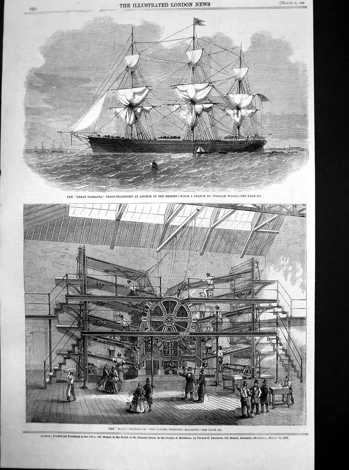 Original Old Antique Print Great Tasmania Troop Transporter D Telegraph Er 1860