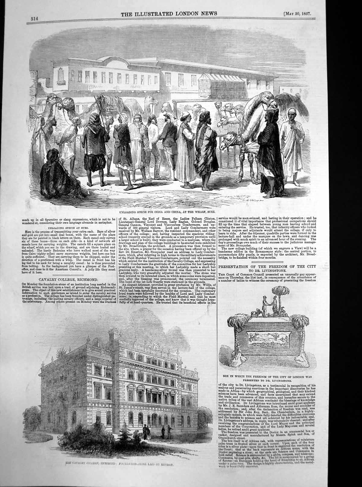Antique Old Print Cavalry College Richmond Wharf Suez Unloading Specie 1857