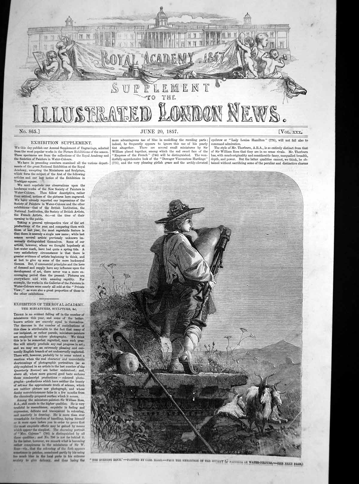 Old Antique Print Evening Hour Carl Haag Boy On Pipes Calling Goats 1857 19th