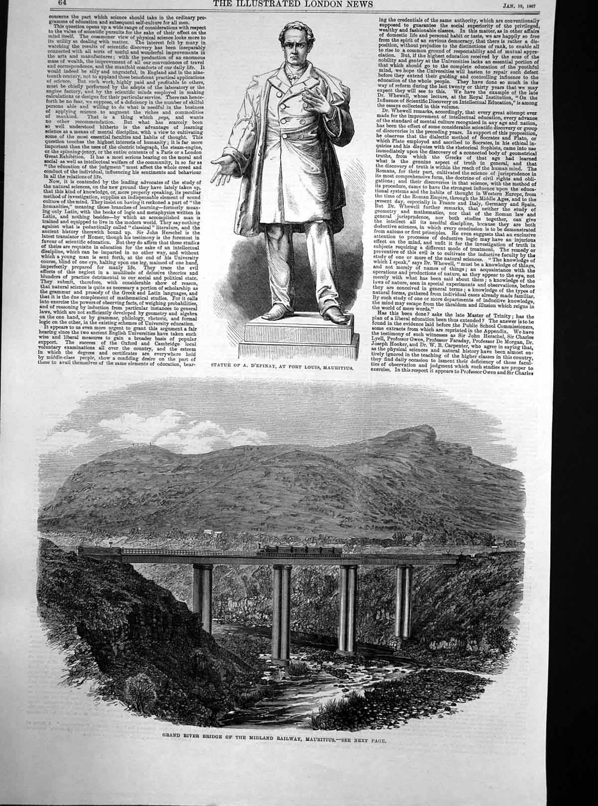 Antique Print River Bridge Midland Railway Statue A Depinay Mauritius 1867 19th