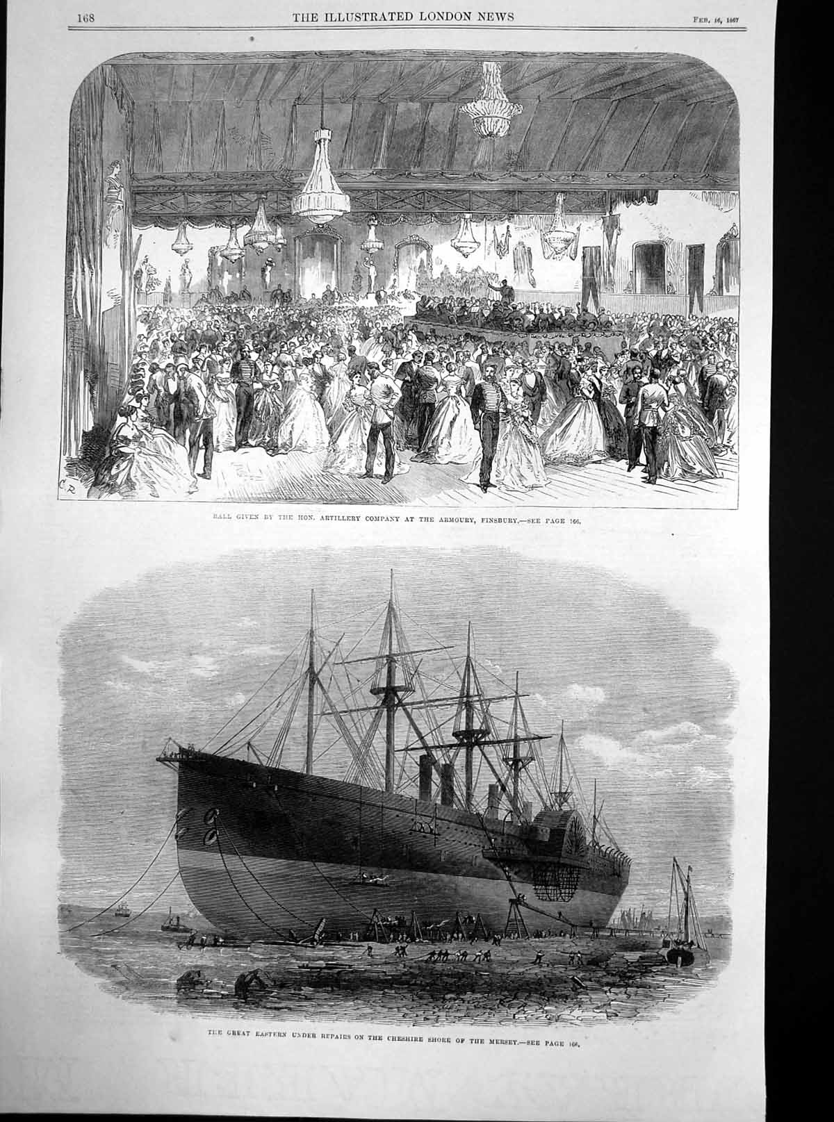 Antique Old Print Great Eastern Repaired Mersey Ball Armoury Finsbury 1867 19th