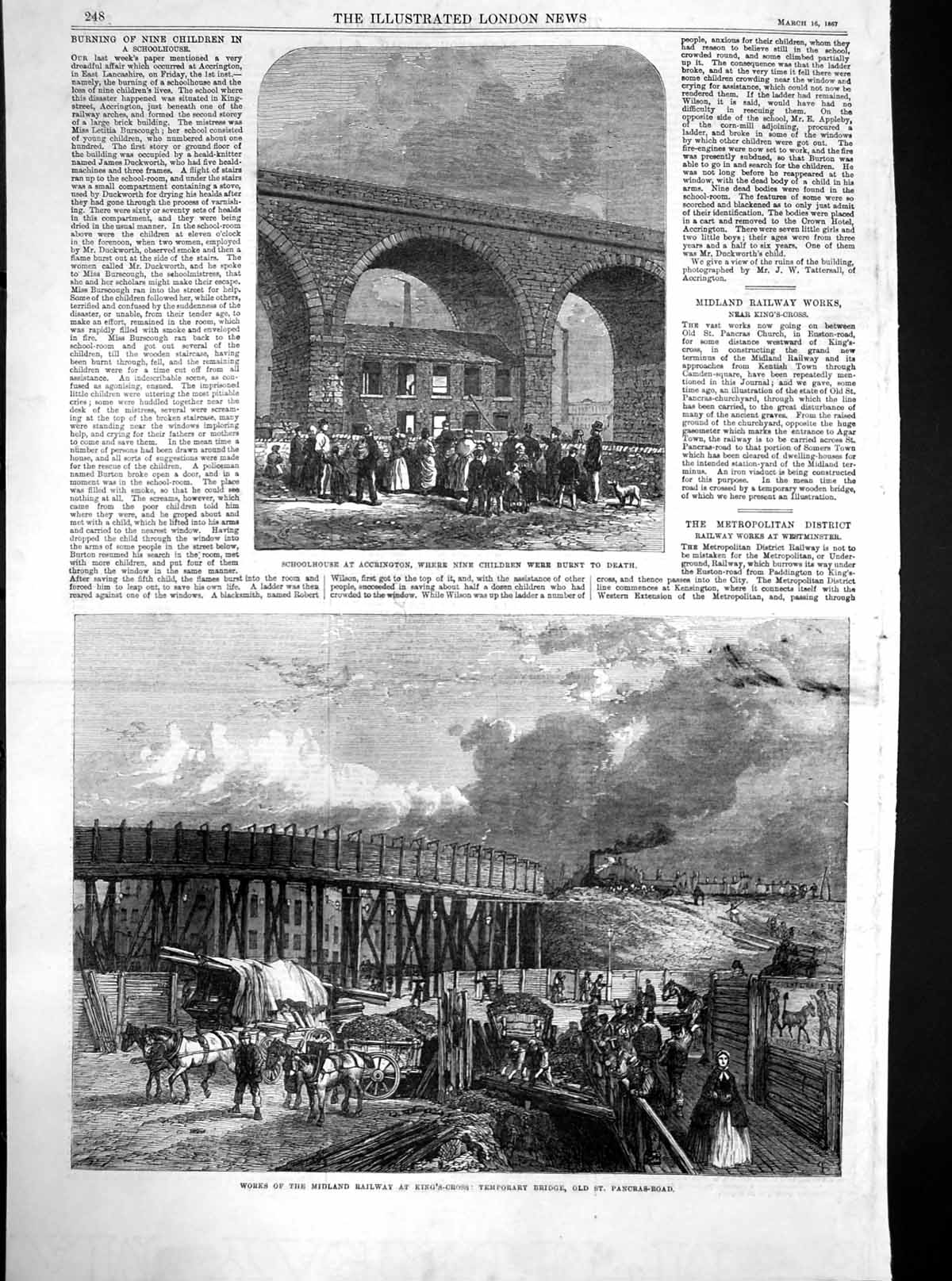 Old Antique Print Schoolhouse Accrington Railway Bridge Kings Cross 1867 19th