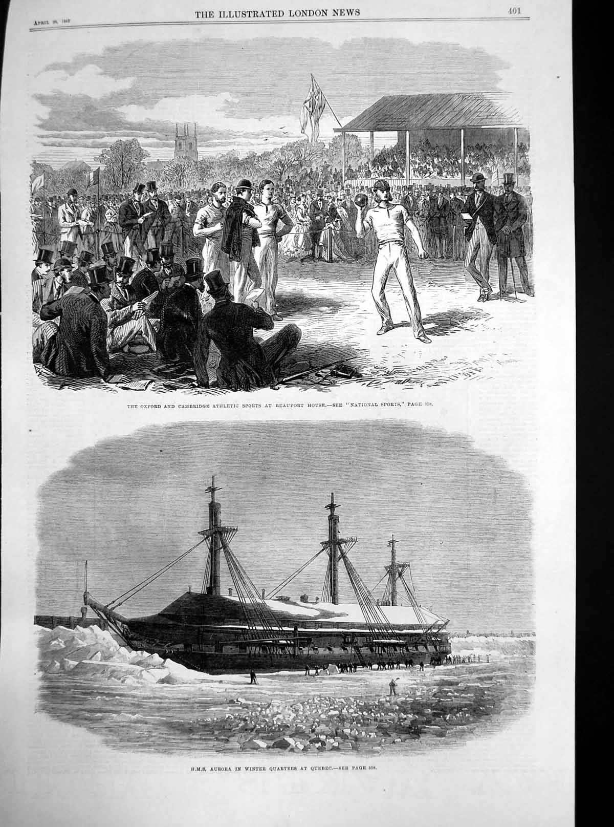 Old Antique Print Oxford Cambridge Sports Hms Aurora Quebec Winter 1867 19th