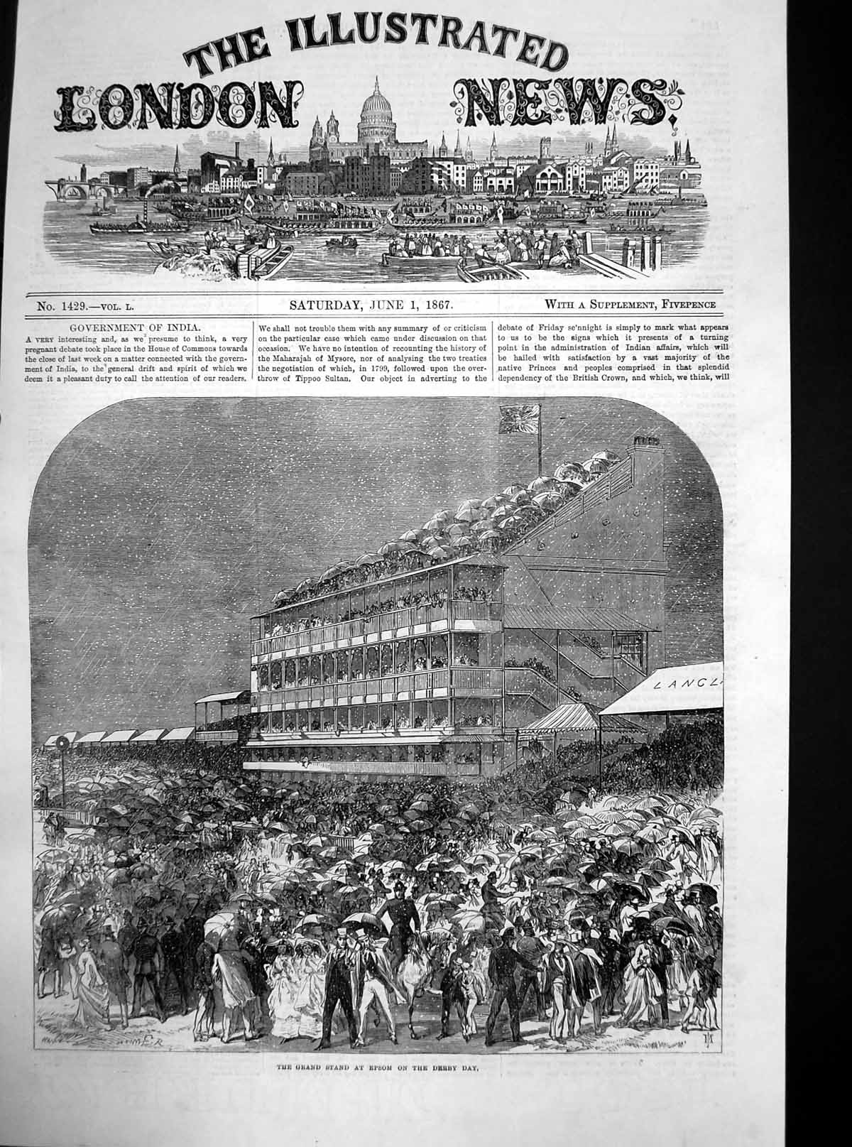 Original Old Antique Print Grand Stand Epsom Derby Day Umbrellas 1867 Victorian