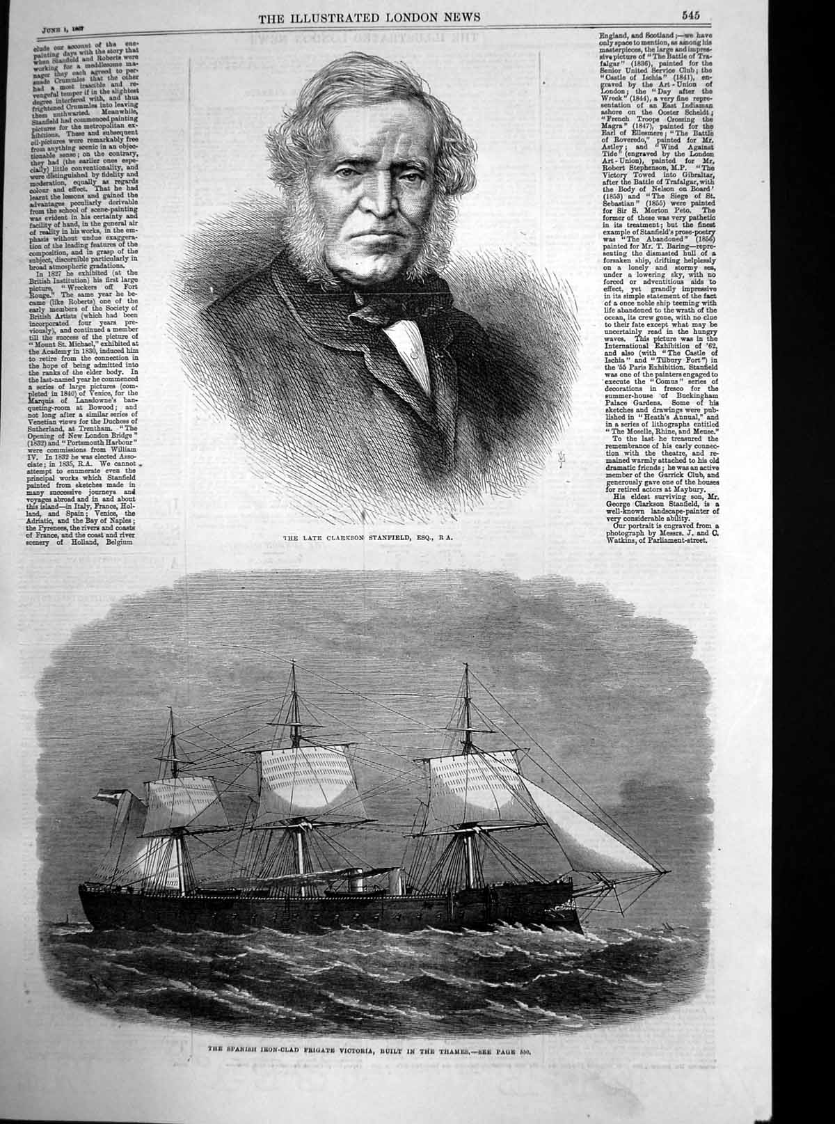 Old Print Spanish Iron Clad Frigate Victoria Late Clarkson Stanfield 1867 19th