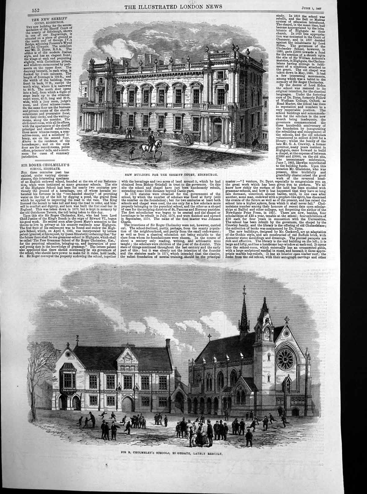 Antique Old Print R Cholmeleys Schools Highgate Sheriff Court Edinburgh1867