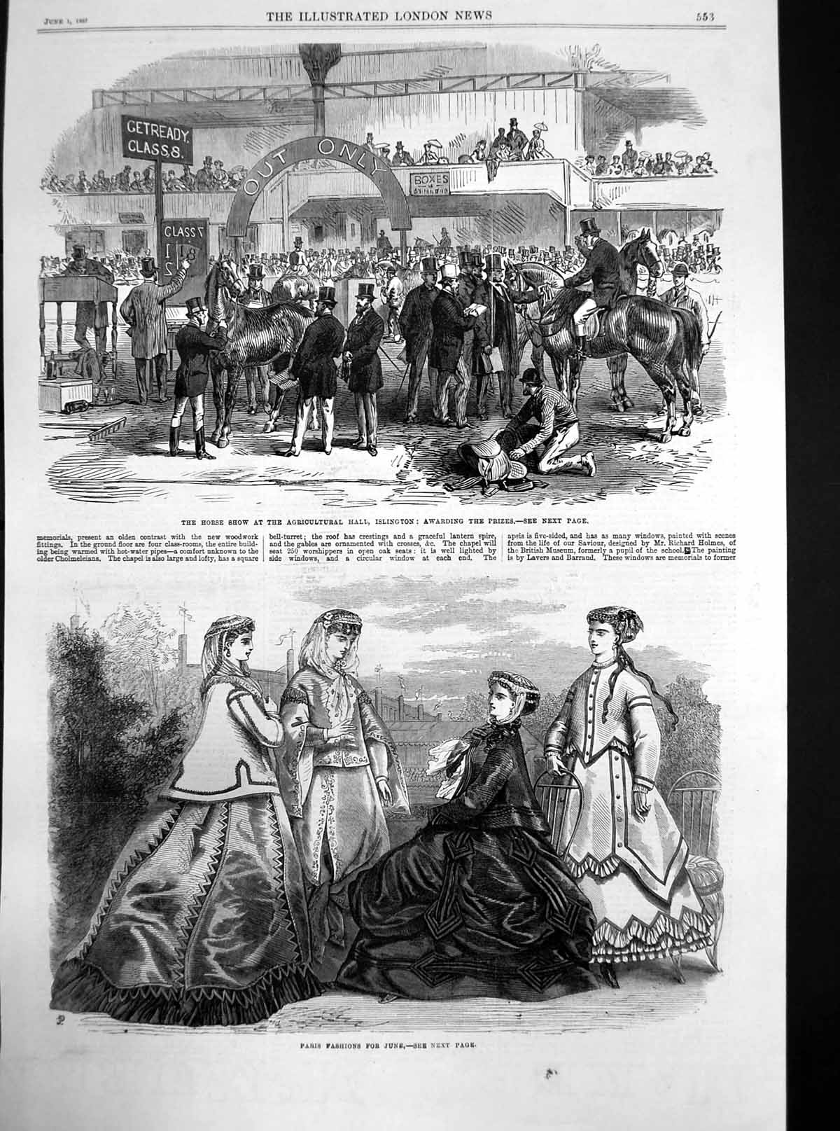 Original Old Antique Print Horse Show Islington Prizes Paris Fashions June 1867
