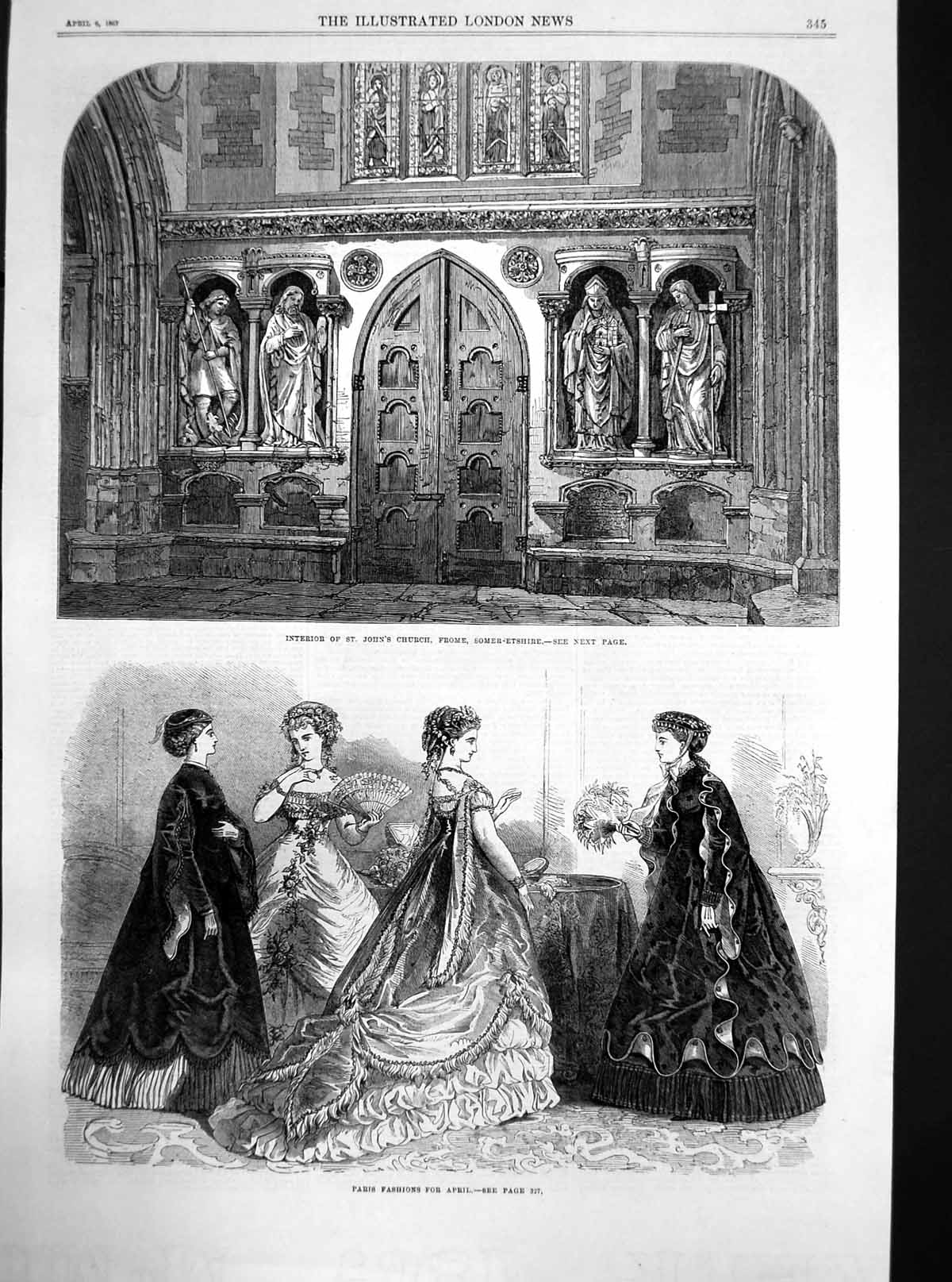 Antique Old Print St Johns Church Frome Somerset Paris Fashions April 1867 19th