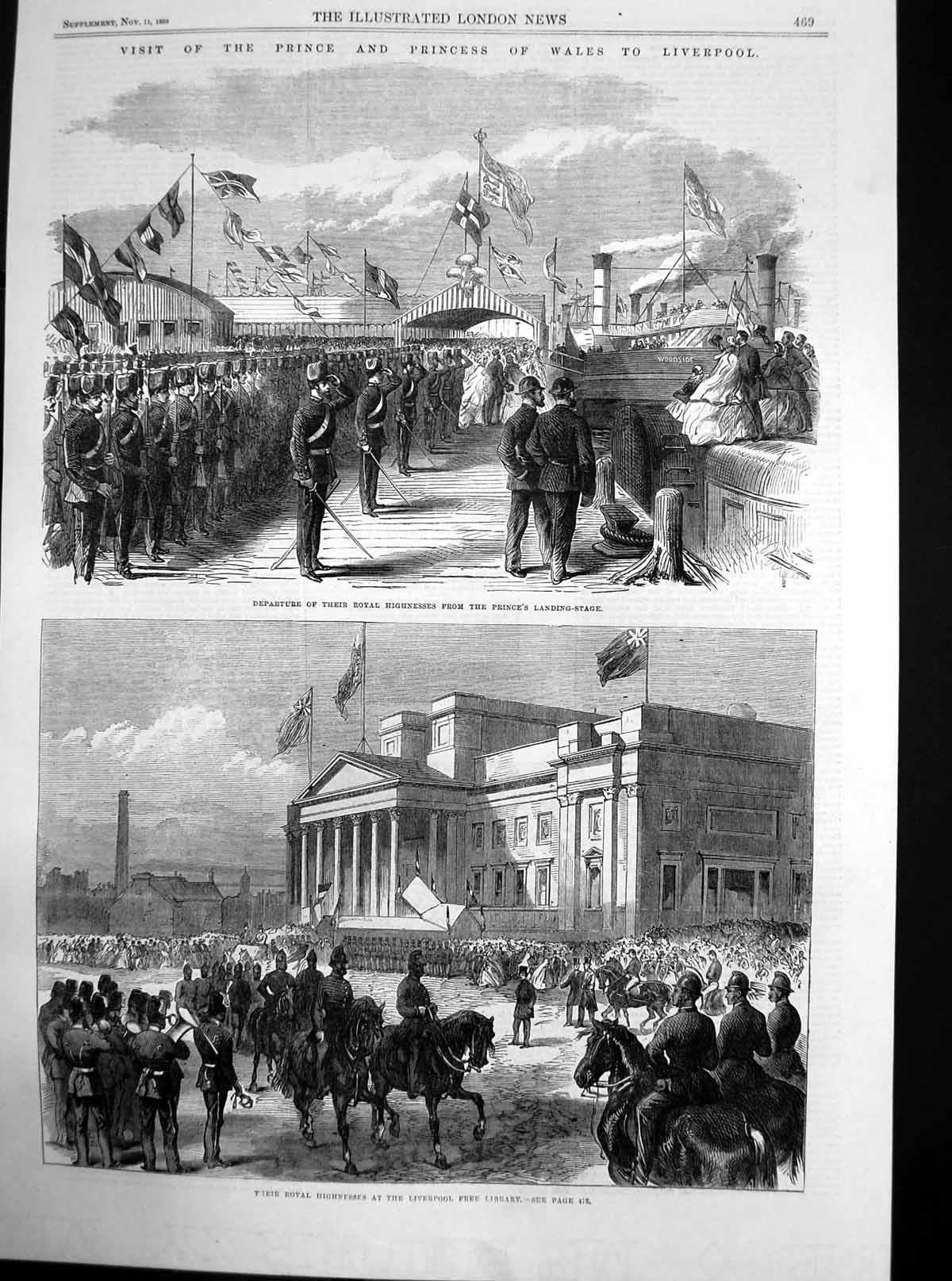 Antique Old Print Prince Princess Wales Liverpool Library Landing Stage 1865