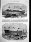 Original Old Antique Print Launch Affondatore Millwall Victoria Bkackwall 1865