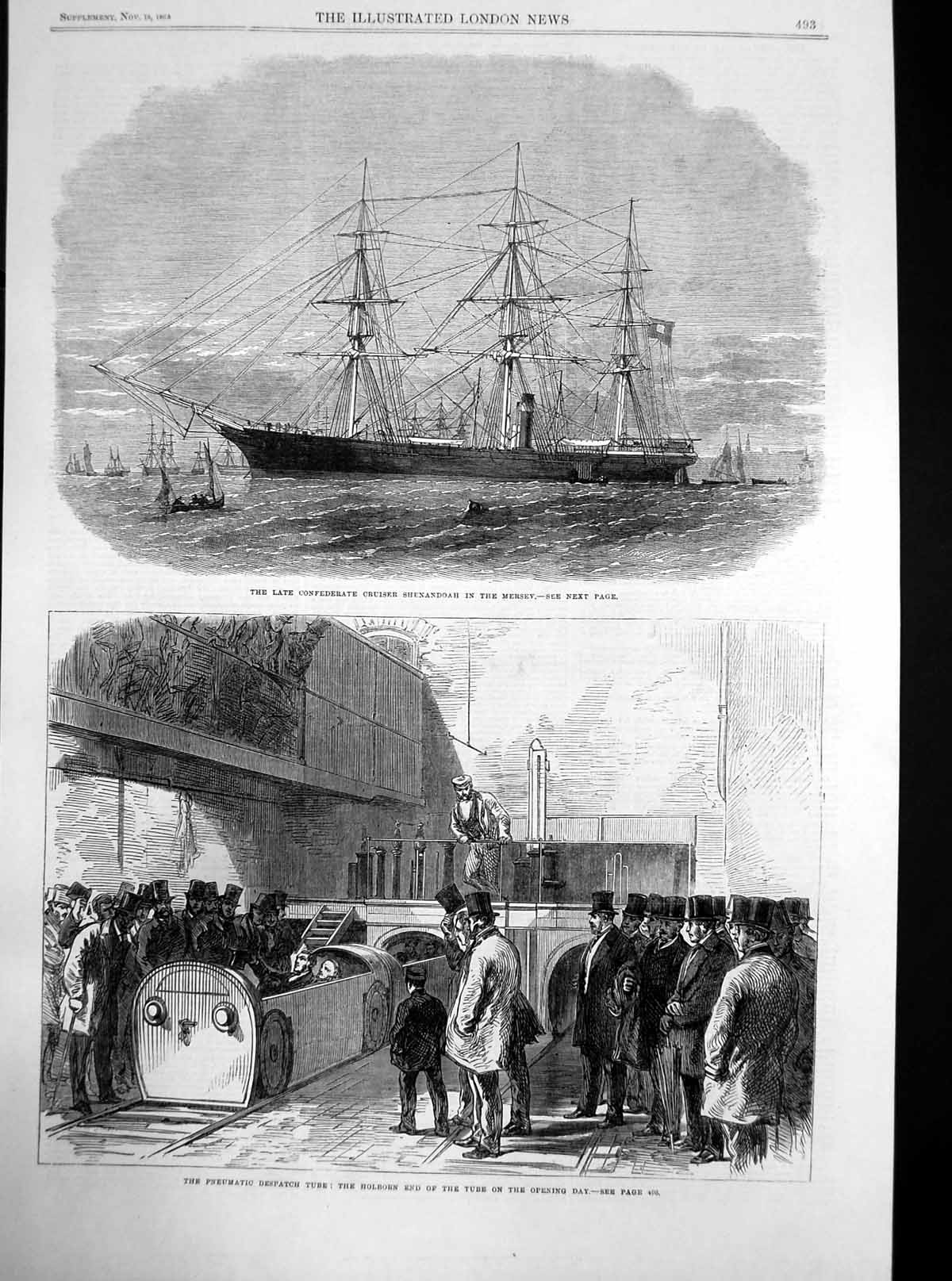 Old Antique Print Cruiser Shenandoah Mersey Pneumatic Despatch Tube 1865 19th