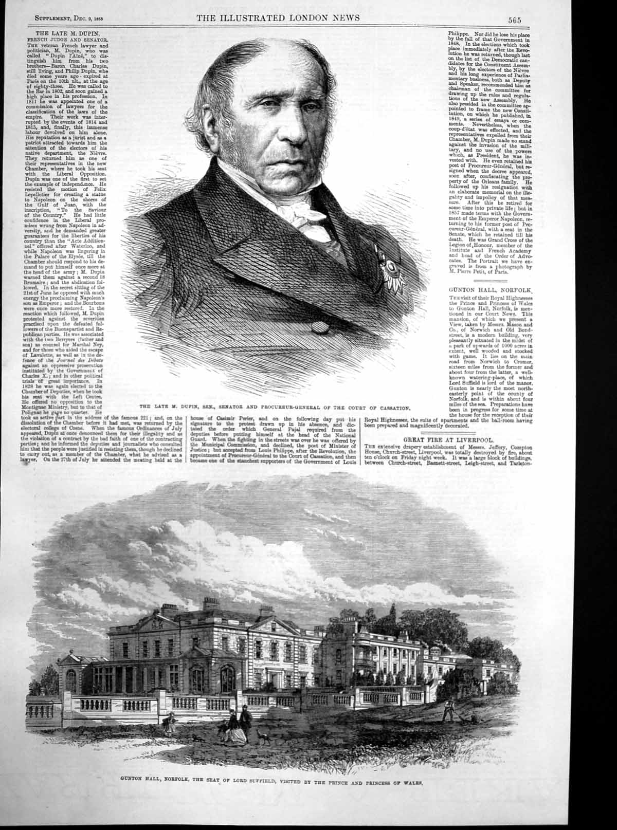 Antique Old Print Gunton Hall Norfolk Seat Lord Suffield Late M Dupin 1865 19th