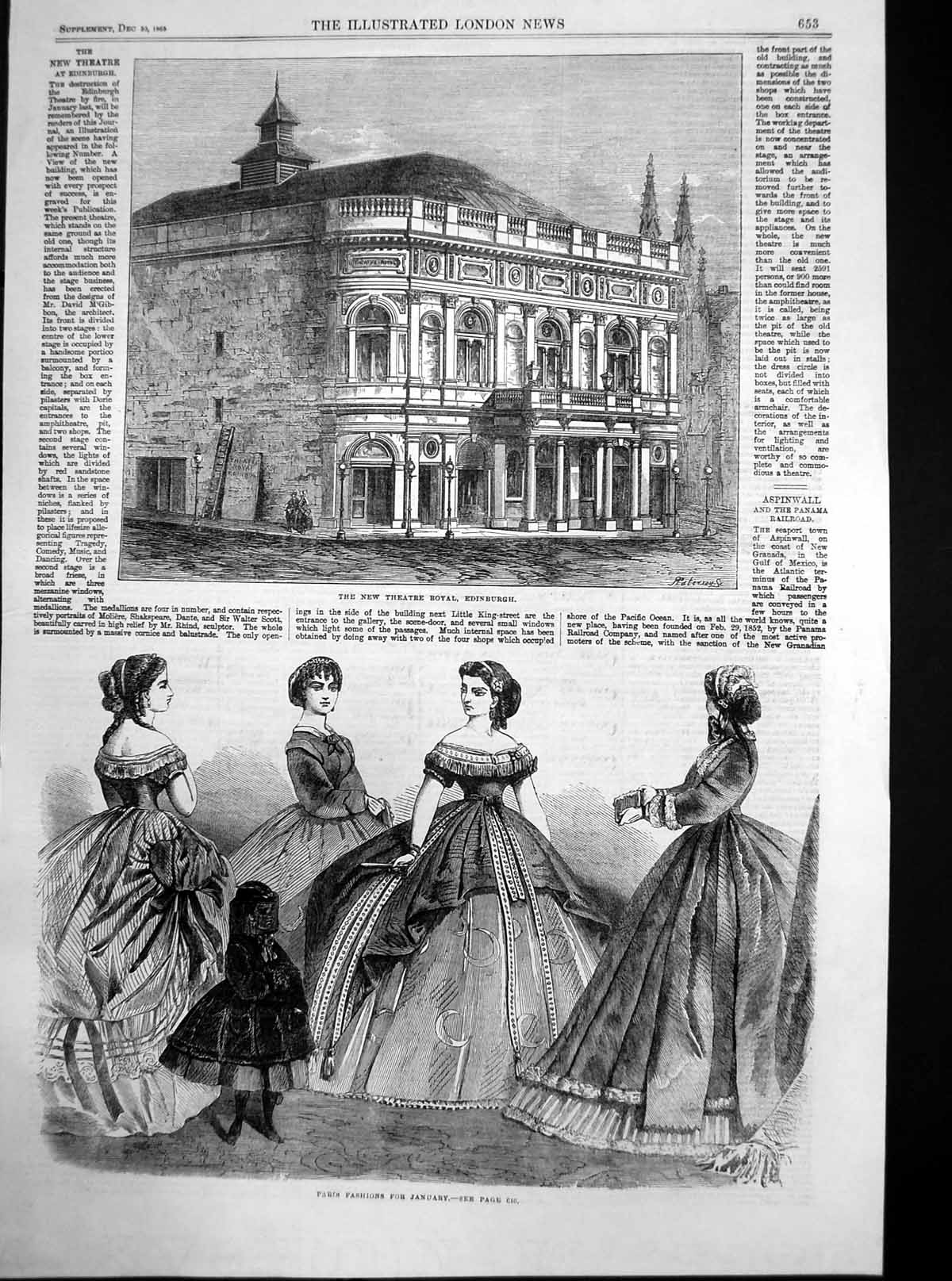 Old Antique Print New Theatre Royal Edinburgh Paris Fashions January 1865 19th