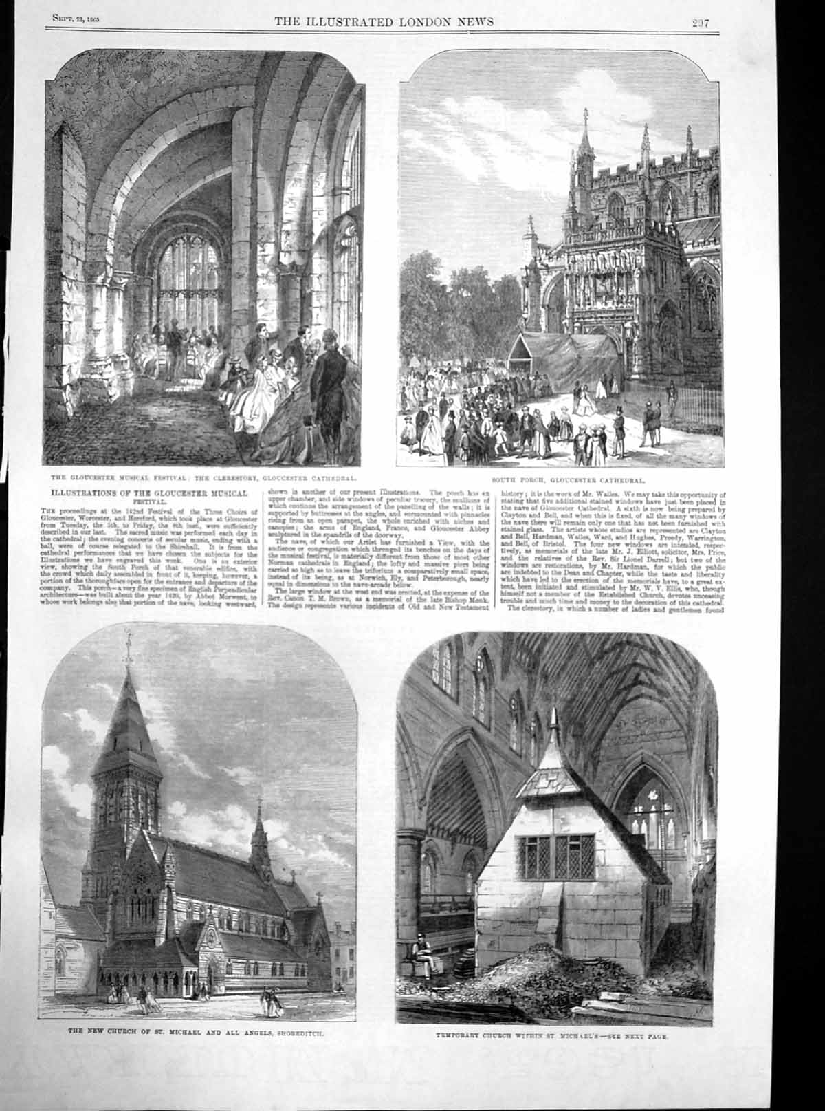 Antique Old Print Music Festival Glouchester Cathedral Church St Michael 1865