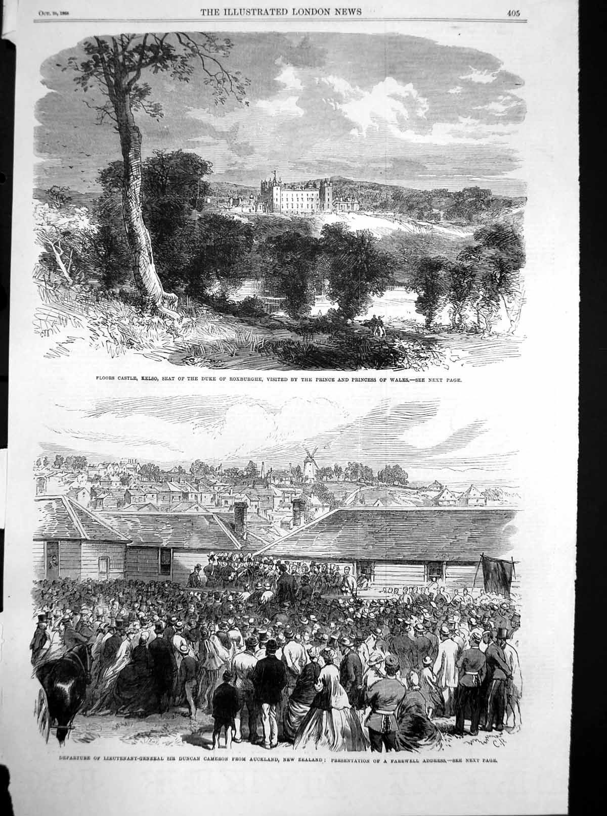 Old Antique Print Floors Castle Kelso Lt Gen Duncan Cameron Auckland 1865 19th