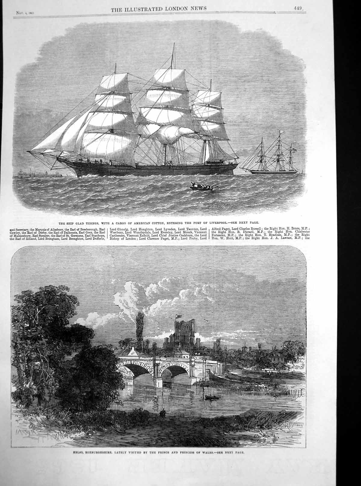 Antique Old Print Kelso Roxburghshire Ship Glad Tidings Cotton Liverpool 1865