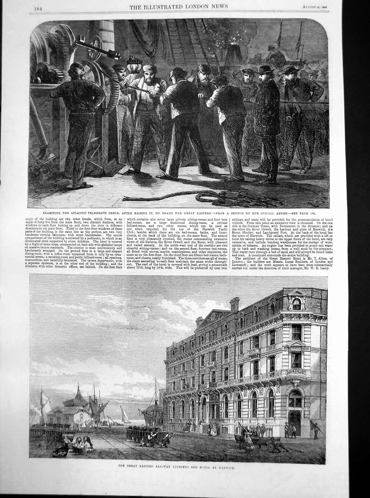 Antique Old Print Atlantic Telegraph Cable Great Eastern Railway Harwich 1865