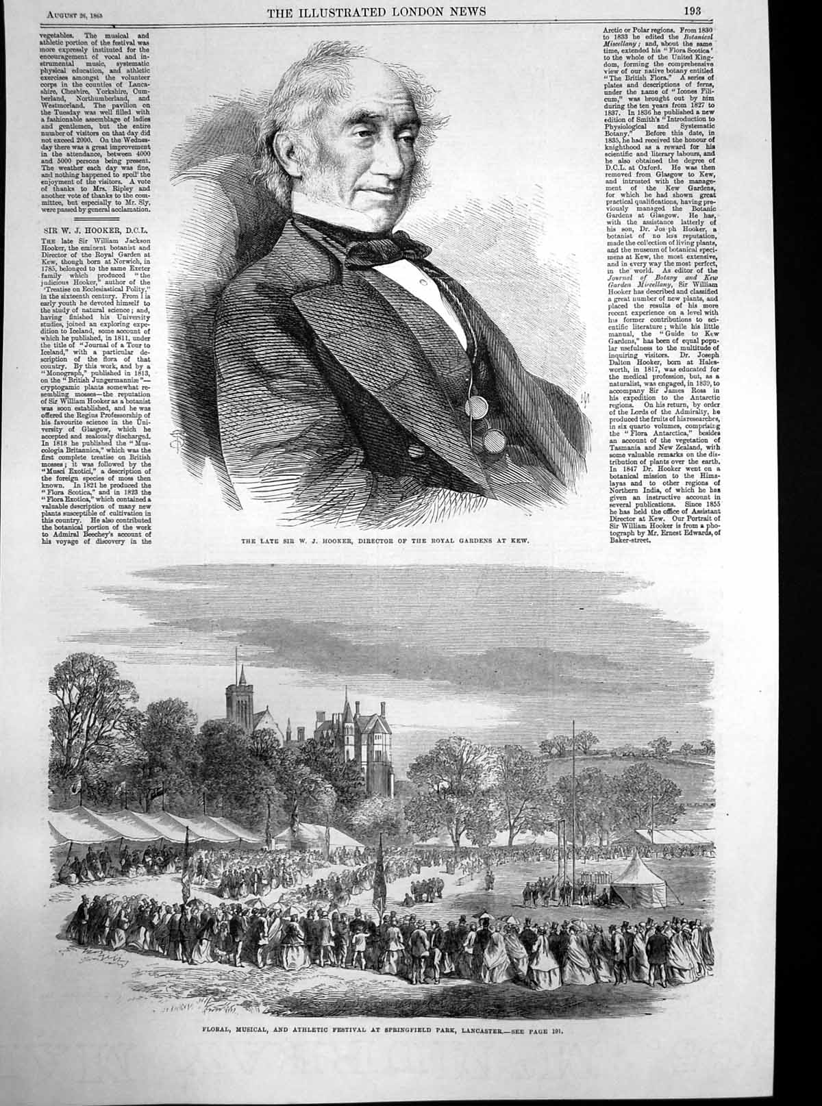 Antique Print Wj Hooker Kew Gardens Festival Lancaster Floral Musical 1865 19th