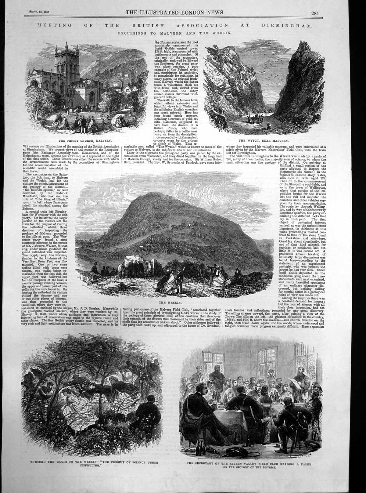 Antique Old Print British Association Birmingham Wrekin Malvern Wytch 1865 19th