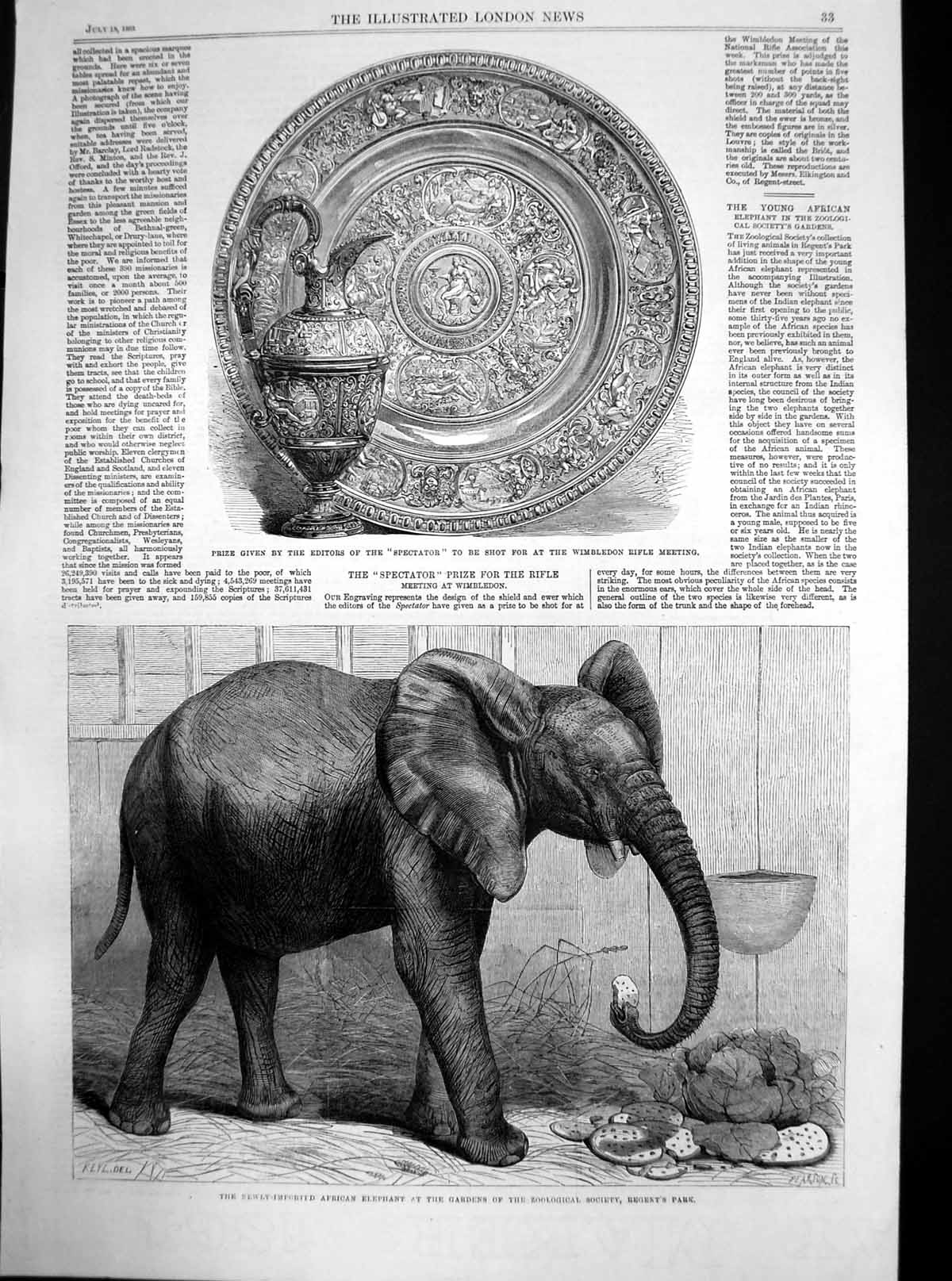 Old Antique Print African Elephant Zoo Prize Wimbledon Rifle Meeting 1865 19th