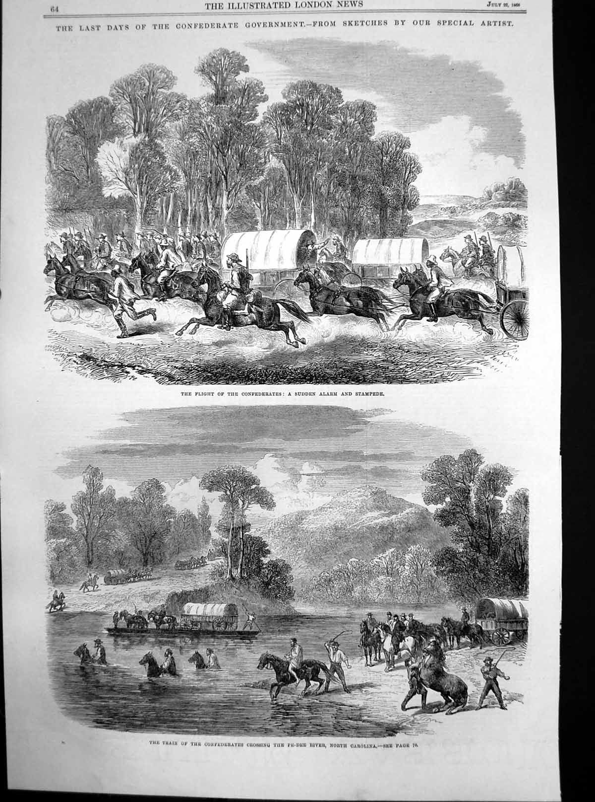 Original Old Antique Print Civil Wars Stampede Pe-Dee River North Carolina 1865