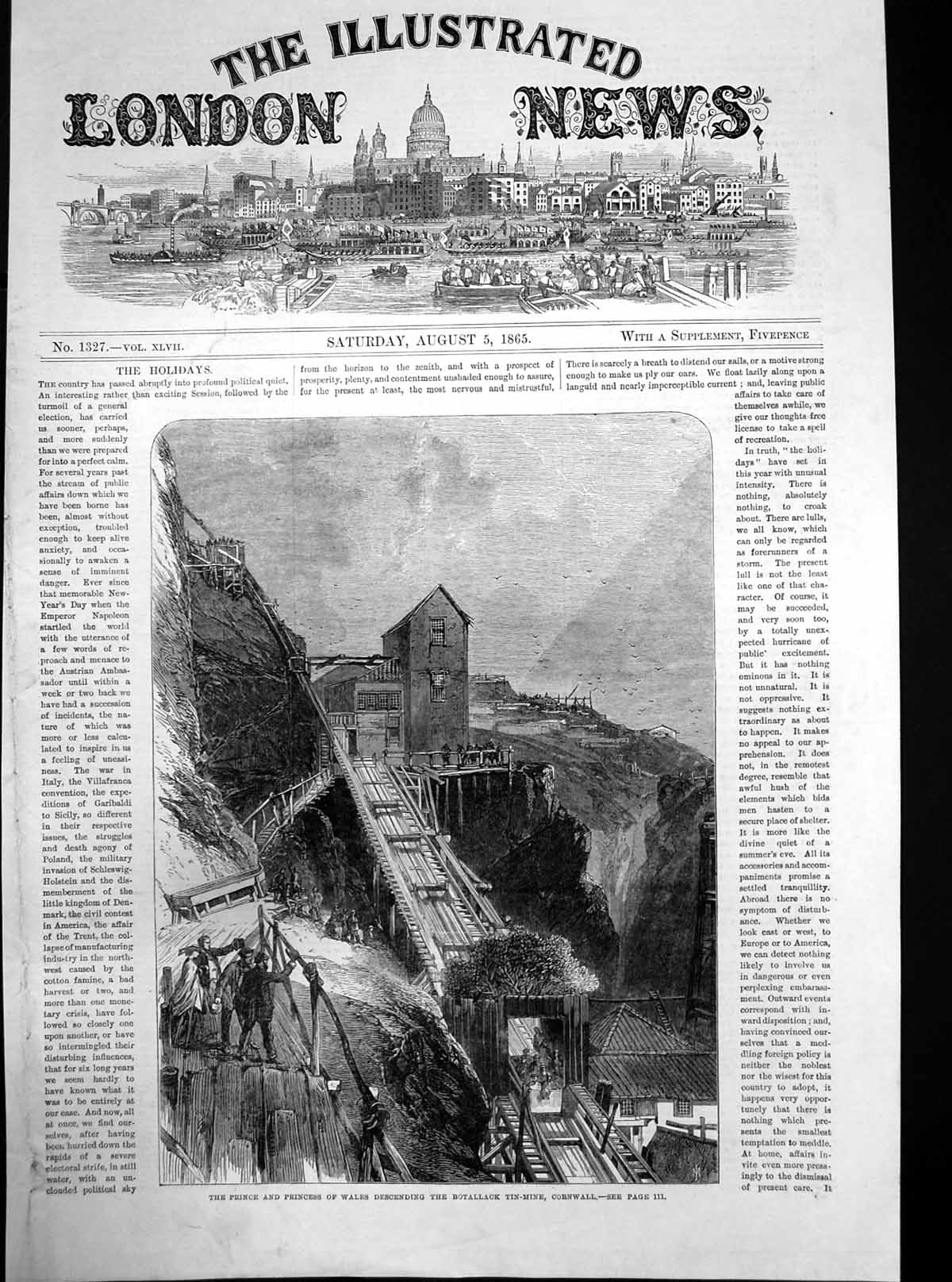 Old Antique Print Prince Princess Wales Botallack Tin Mine Cornwall 1865 19th