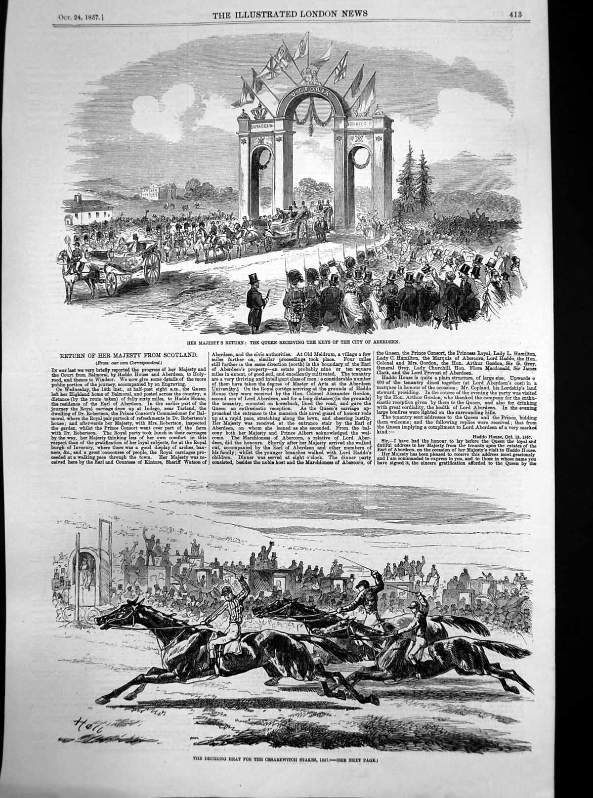 Antique Old Print Deciding Heat Cesarwitch Stakes Queen Keys Aberdeen 1857 19th