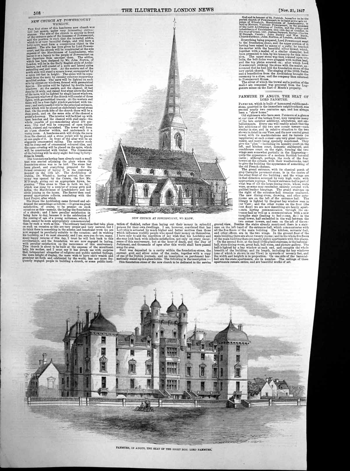 Antique Old Print Powerscourt Church Wicklow Panmure Angus Lord Panmure1857
