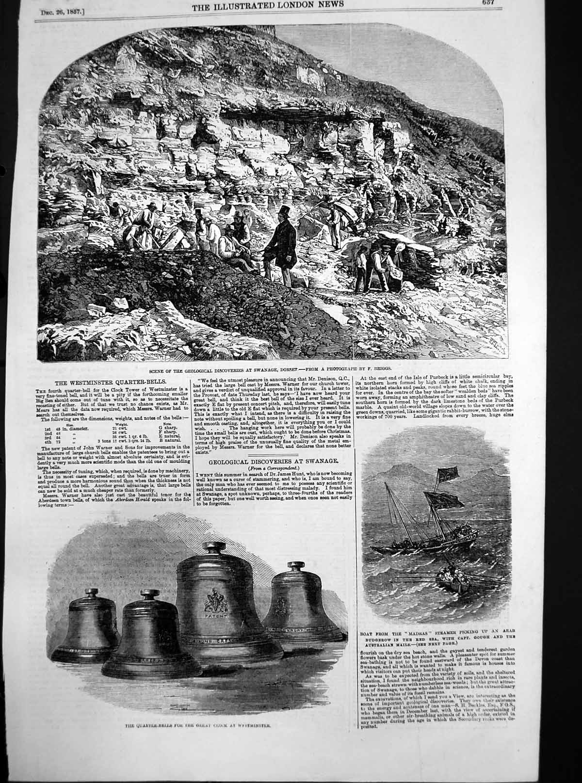 Antique Old Print Geological Discovery Swanage Westminster Clock Bells 1857
