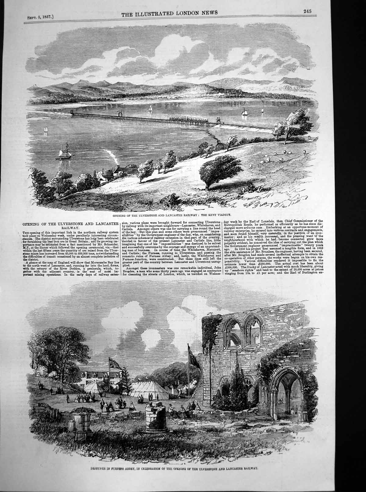 Old Antique Print Ulverstone Lancaster Railway Opening Furness Abbey 1857 19th
