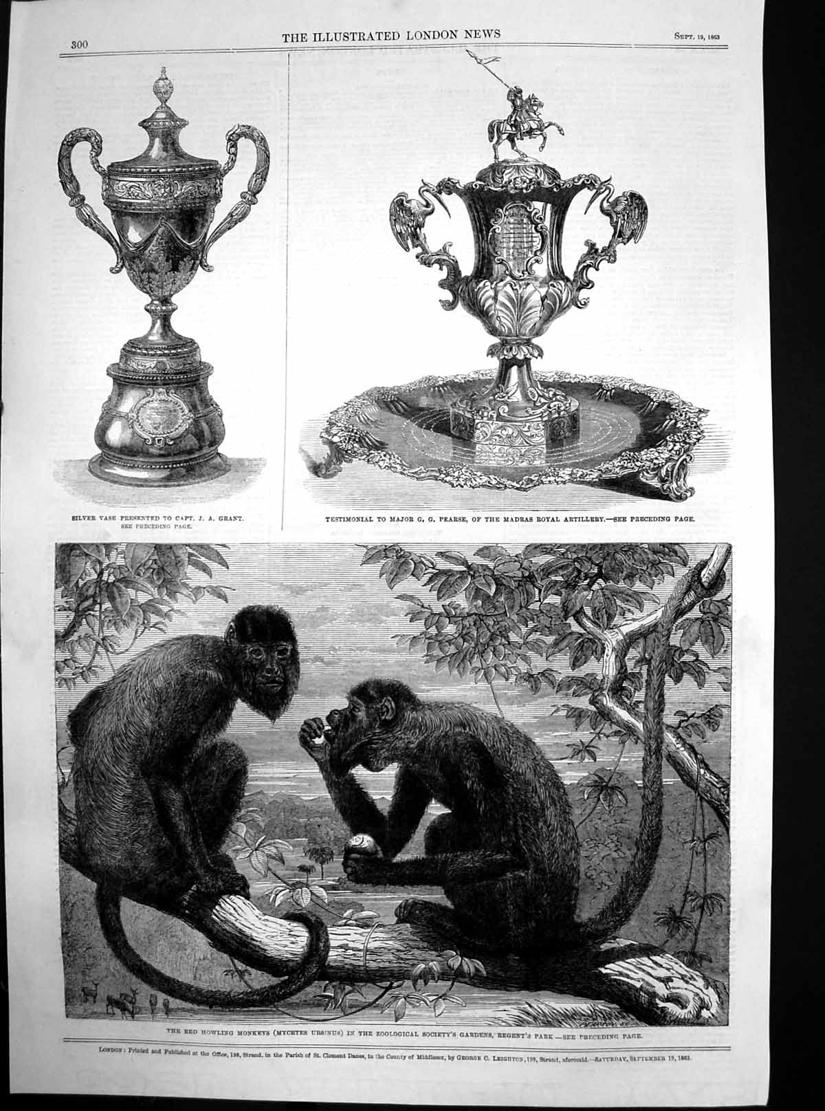 Antique Print Red Howling Monkeys Siver Vase Capt Ja Grant Maj Pearse 1863 19th