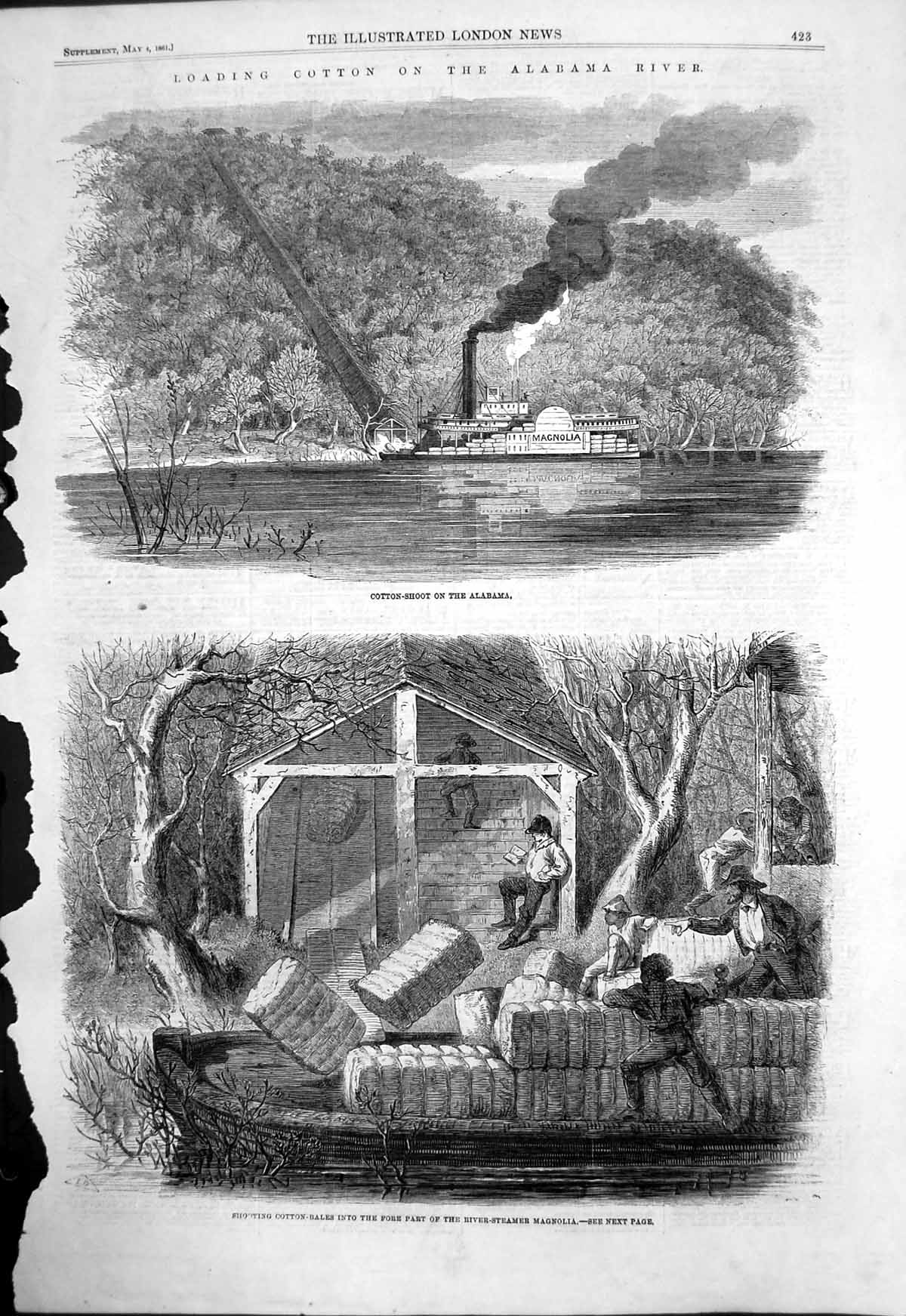 Antique Old Print Loading Cotton Alabama River Bales Steamer Magnolia 1861 19th